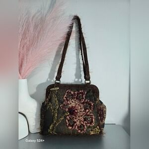 Mary Frances EXCELLENT Beaded Floral Handbag Brown 3D Flower Y2K Boho Crystal